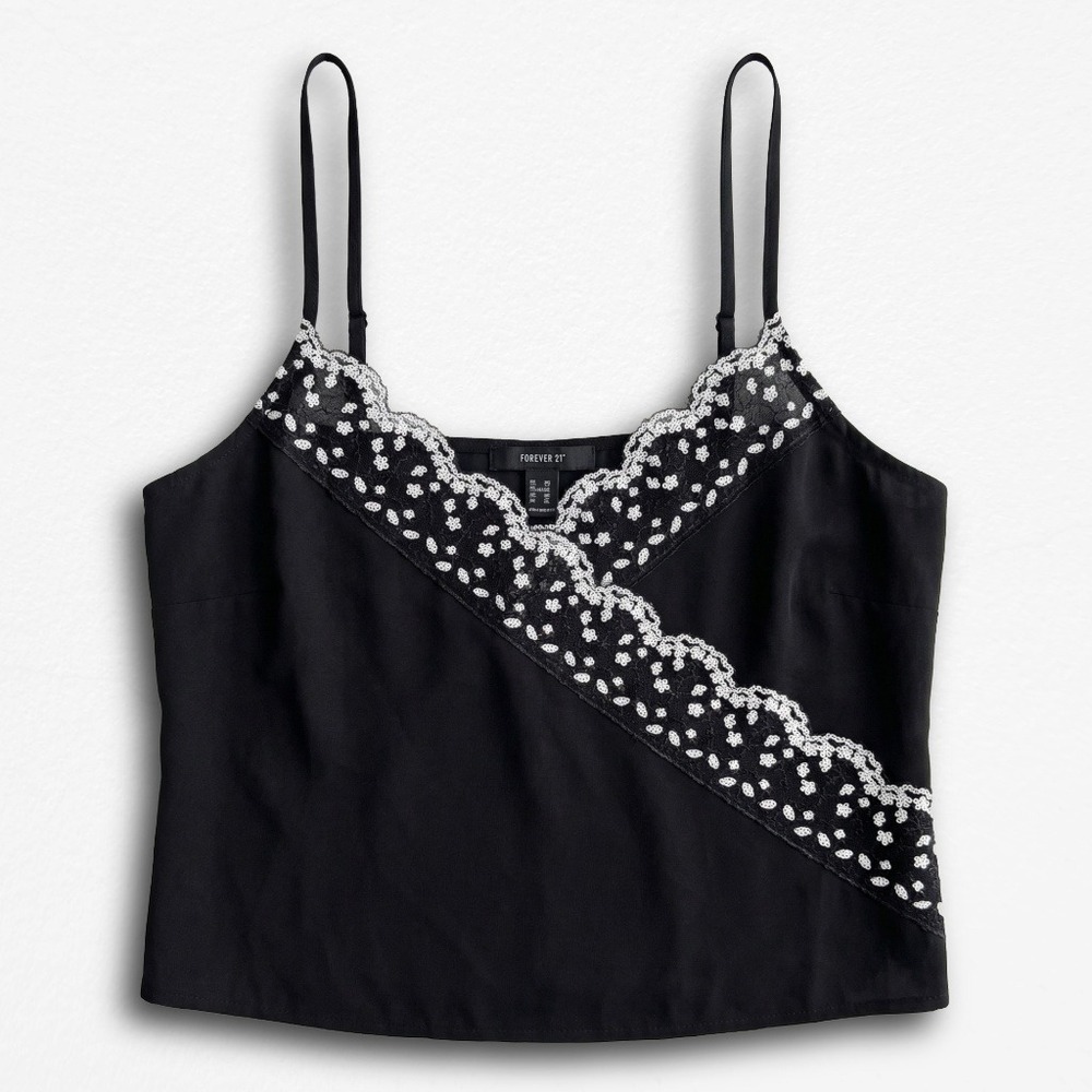 Forever 21+ Womens Black Lace Trim Faux Wrap Camisole Top Size 0X Sleeveless